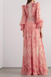 Printed Long Sleeve V-Neck Lace Trim Maxi Dress